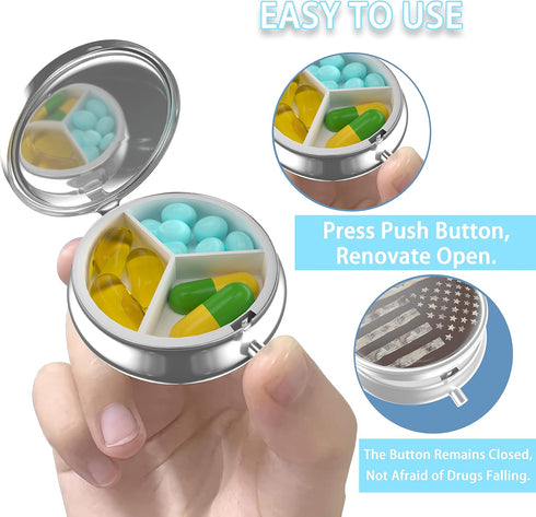 Pill Box, Small Metal Pill Case for Purse & Pocket, Cute Portable Travel Organizer for Medication, Vitamins (American