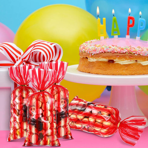 Blulu 100 Pcs Halloween Plastic Carnival Circus Party Treat Bags - Red and White Stripe Printed Clear Cellophane with