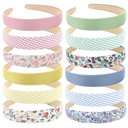 Wecoe 12pcs Headbands for Women, Plain Flower Floral Checked Printed Y2K Summer Headbands for Girls