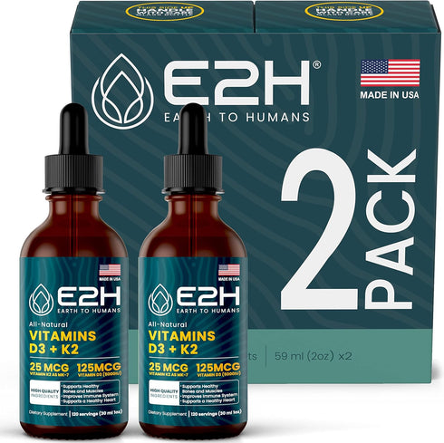 E2H EARTH TO HUMANS Vitamin D3 & K2 Supplement - Liquid Vitamin D3 5000 IU - Non-GMO, Vegan - (2 Bottles)