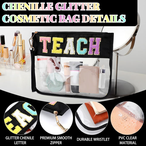 Hillban 2 Pcs Teacher Gifts Chenille Letter Bags, Preppy Patch Makeup Bag Flat Clear Pouch for Women Girl