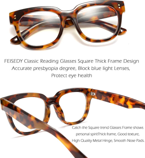 FEISEDY Retro Square Thick Big Frame Blue Light Blocking Reading Glasses, Anti Glare Digital Eyestrain Reader B2523