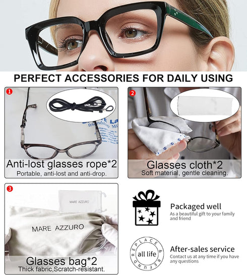 MARE AZZURO 2 Pairs Stylish Oversized Reading Glasses for Women, 1.0 1.5 2.0 2.5 3.0 3.5 (Black, 1.00)
