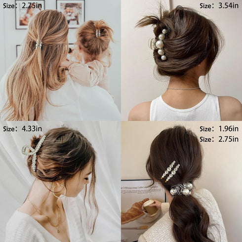Pearl Hair Clips for Women/Girls, 6PCS Strong Hold Large Claw Clips for Thick/Thin Hair Accessories