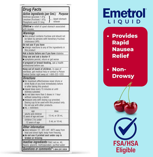 Emetrol Non-Drowsy Liquid Nausea Relief, Cherry Flavor Upset Stomach Medicine - 4fl oz, 2 Pack