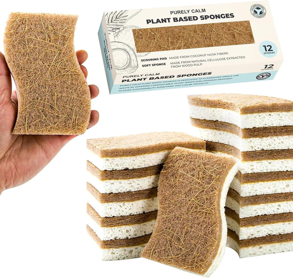 Plant Based Natural Sponge - Pack of 12 Cellulose Sponges, Safe on