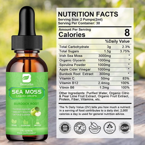 Sea Moss Liquid Drops, Organic Irish Sea Moss Gel with Burdock Root, 2 Fl Oz for Immune, Joint, Detox Support