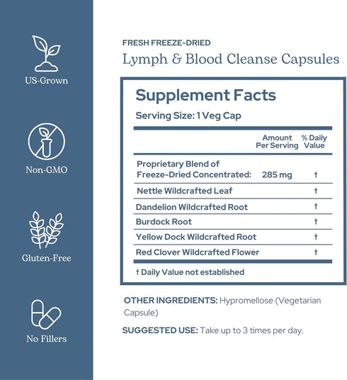 Eclectic Herb Lymphatic & Blood Cleanse | Freeze Dried Fresh Whole Herbs, Naturally Concentrated | 45 Count