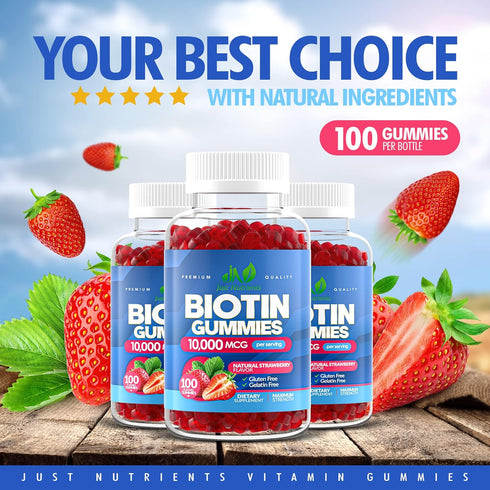 Biotin 10,000mcg Gummies, 100 Count, Extra Strength for Hair Growth, Skin & Nails, Vegan, Strawberry Flavor