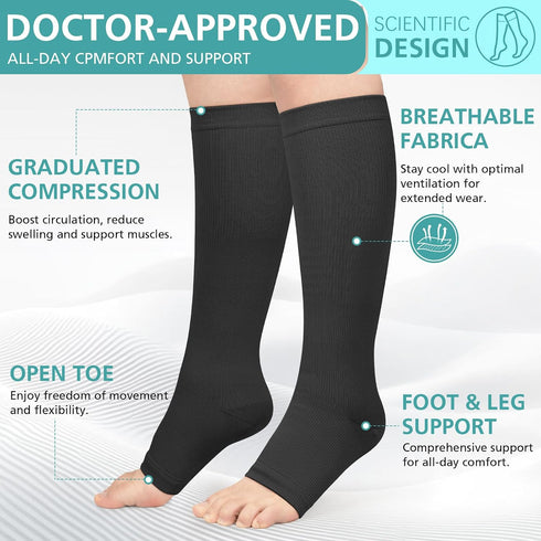 Owcorowan 3 15-20 mmhg Pairs Open Toe Compression Socks for Men & Women - Knee High Stockings for Circulation Support