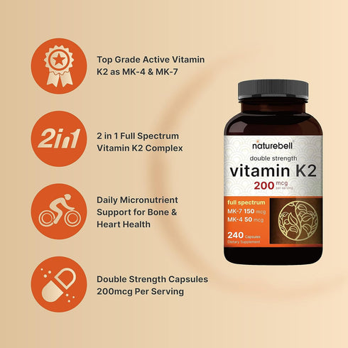NatureBell Full Spectrum Vitamin K2 Supplement with MK-7 & MK-4, 200 mcg, 240 Capsules - Non-GMO K Vitamins Complex