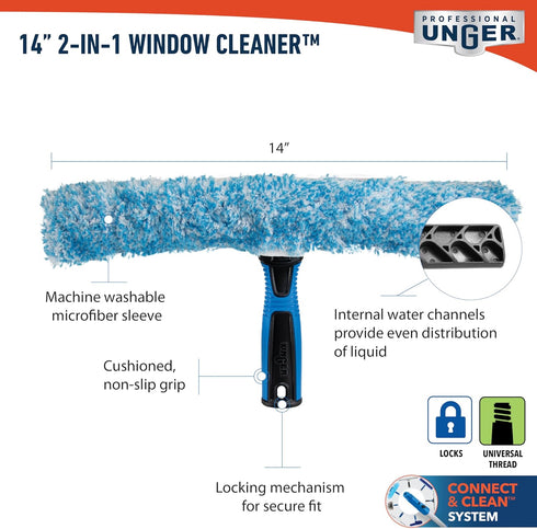 Unger Professional 2-in-1 Squeegee & Scrubber, 14” Window Cleaning Tool, Reusable Microfiber Sleeve