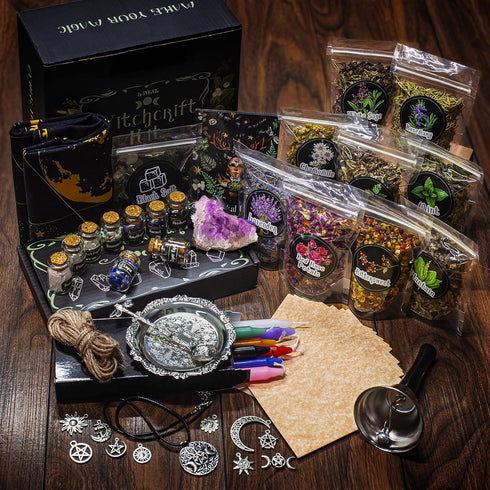 Witchcraft Supplies Kit for Spells, 56 PCS Witch Box Include Dried Herb Crystal Candles Amethyst Cluster Parchment, Wiccan Supplies and Tools, Beginner Witchcraft Kit Witch Stuff for Pagan Rituals by LAVEVE