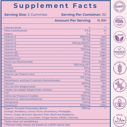 Sugar Free Prenatal Gummies, 30+ Nutrients for Fetal Support, USA-Made Vegan Prenatal Vitamins