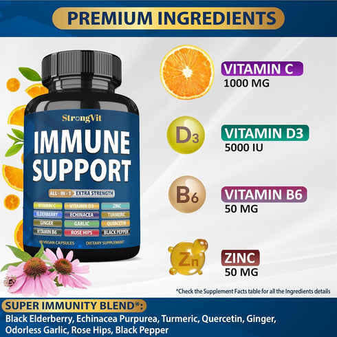 Immune 12 1 D3, Immune StrongVit Support Supplement in Complex with Vitamin C, Zinc, Echinacea, Elderberry, Ginger