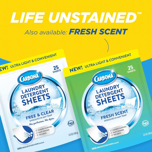 Carbona Laundry Detergent Sheets, Free & Clear, 1 Pack - 25 Sheets