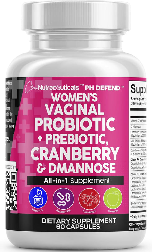 Vaginal Probiotics for Women + Prebiotics 20 Billion Cranberry Pills for Urinary Tract Health, 30 Capsules