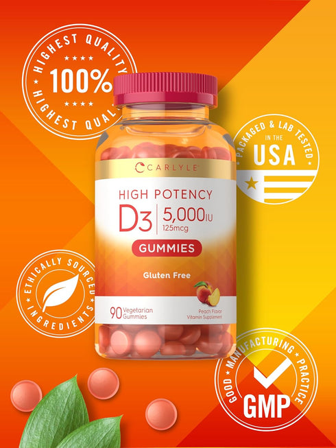 Carlyle Vitamin D3 Gummies, 90 Count, High Potency, Vegetarian, Non-GMO, Gluten Free, Peach Flavored