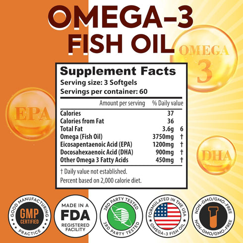 Omega-3 Fish Oil 3750mg Triple Strength, 180 Burpless Softgels, EPA 1200mg + DHA 900mg, Healthy Heart