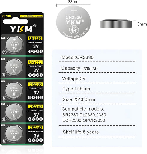 YKM 5 Pack CR2330 ECR2330 BR2330 2330 3V Battery CR Lithium Battery for Car Remote Coin Cell Batteries