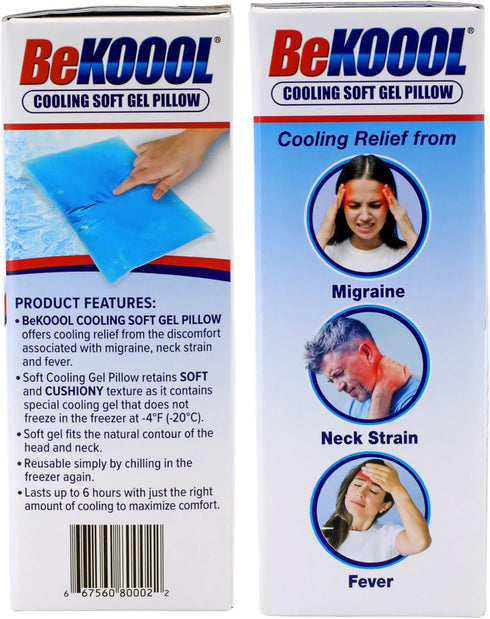 BeKOOOL Cooling Soft Gel Pillow - Reusable Cooling Relief from Migraines, Neck Strain and Fever - Up to 6 Hours of Cooling, Ready to Use, Stays Soft When Frozen