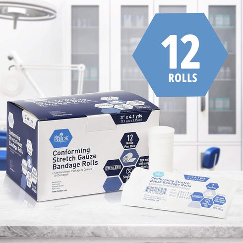 MED PRIDE Conforming Stretch Gauze Bandages, 12 Rolls 3'' x 4.1 Yards, Sterile Latex Free First Aid Wrap