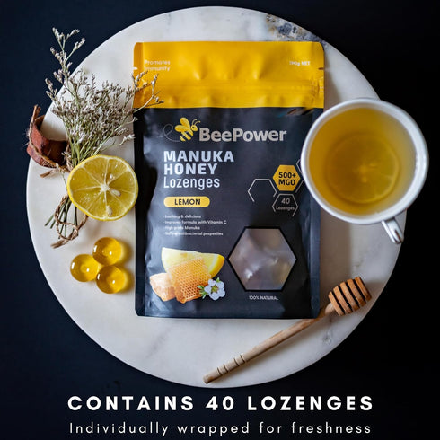 Bee Power Manuka Honey Lozenges - MGO 500+ Honey Cough Drops for Soothing Dry Throat, 40 Lozenges, Lemon Flavor