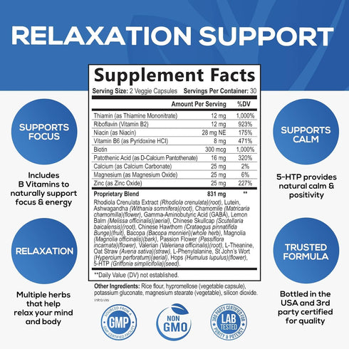 Natural Calm Unwind & Relax Support with Ashwagandha, GABA, Magnesium, 120 Vegan Capsules