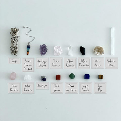 Set Healing Crystals Kit - Chakra Stones Crystal Starter | Sage Smudge Kit and Relaxation Candle | Protection +