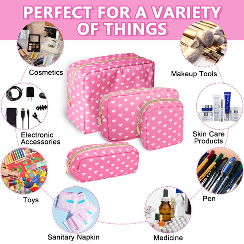 Cute Waterproof Small Pencil Case Makeup Bag for Purse, Preppy Nylon Makeup Brush Holder with Zipper (Slim-Pink Heart)