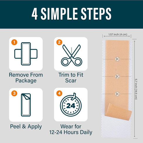 NUVADERMIS Silicone Scar Sheets, Extra Long Reusable Medical Grade for C-Section, Tummy Tuck, Pack of 4 - Light Tone