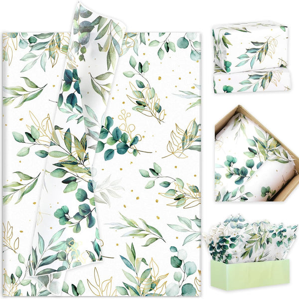 Whaline 60 Sheets Greenery Tissue Paper, Green Gold Eucalyptus Leaves for Gift Wrapping and DIY Crafts