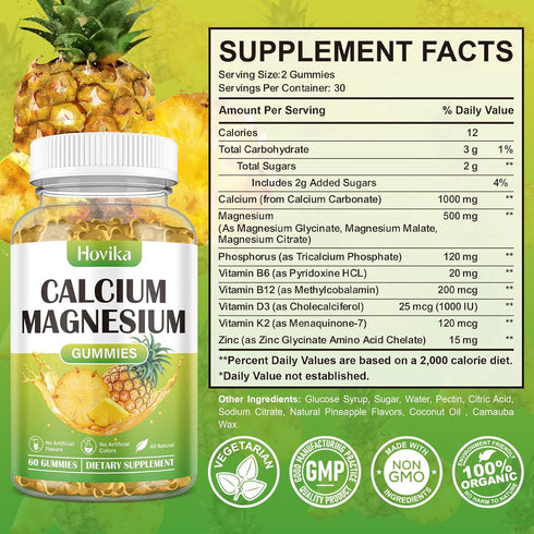 Calcium Magnesium Zinc Gummies, 2:1 Ratio with Vitamin D3, K2, B6, B12 for Bone Strength, 60 Gummies