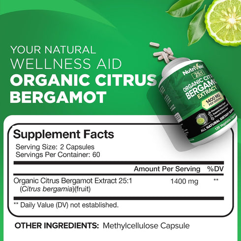 Nutrivein Organic Citrus Bergamot 25:1 Bergamia Extract 1400 mg - Heart Health in Men and Women - 60 Day Supply (120 Capsules, Two Daily)