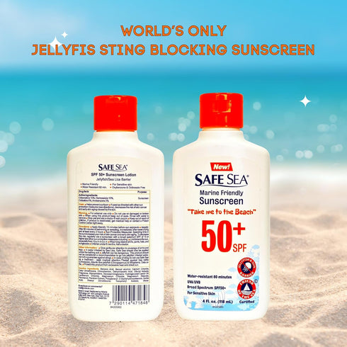 Safe Sea Jellyfish Sting-Blocking Sunscreen, SPF 50+ Lotion 4oz, Waterproof, Biodegradable, Coral Reef-Safe