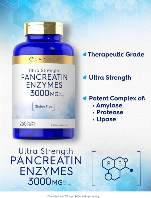 Carlyle Pancreatin Digestive Enzymes, 3000mg, 250 Caplets, Non-GMO, Gluten Free, High Potency Formula