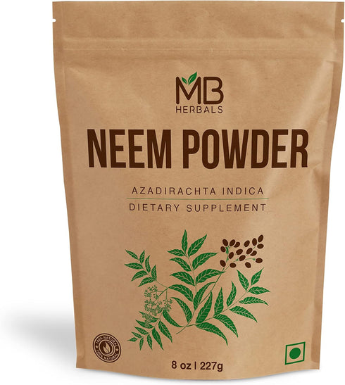 MB Herbals Pure Neem Powder, 8 oz | 227 Gram / 0.5 LB Wild-Crafted Neem Leaf Supplement for Skin and Hair