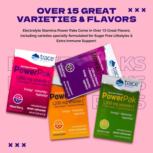 Trace Minerals Power Pak Electrolyte Powder Packets, 1200 mg Vitamin C, Zinc, Magnesium, Mixed Berry, 30 Packets