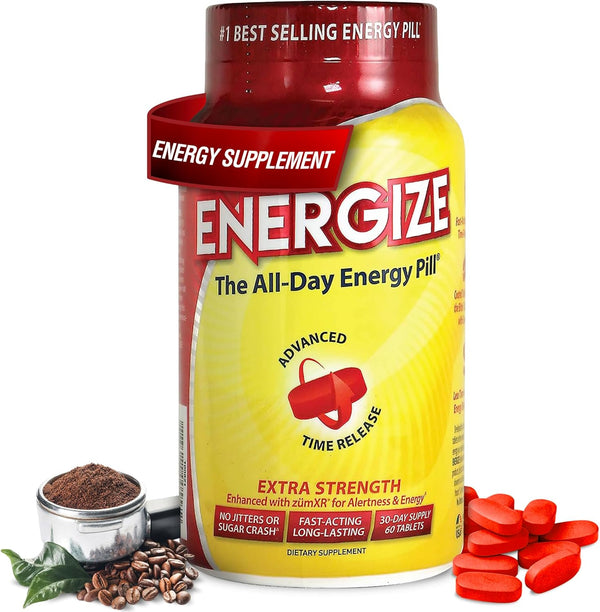 Energize Extra Strength Caffeine Pills - Fast Acting Energy Support for Men & Women (60 Tablets)