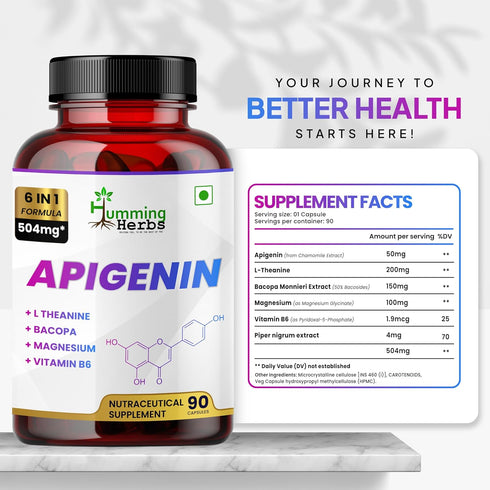 Humming 504mg 6-in-1 B6, 90 Herbs Apigenin Brain & Wellness Supplement with L-Theanine, Bacopa, Magnesium, Vitamin