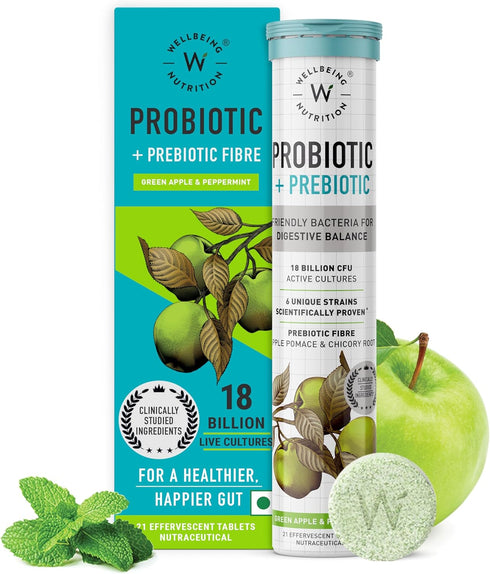 WELLBEING NUTRITION Daily Probiotic + Prebiotic - 42 Effervescent Tabs, 18 Billion CFU, 6 Strains for Digestion