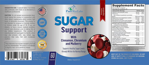 Sugar Support Supplement, 60 Capsules, with Cinnamon, Chromium, Mulberry, Alpha Lipoic Acid, 20 Herbs & Vitamins