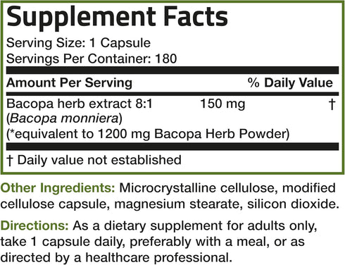 Bronson Bacopa (1200mg Equivalent from 8:1 Extract) Supports Healthy Brain Function, Non-GMO, 180 Vegetarian Capsules