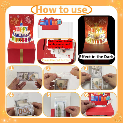 JINSTABAG 3D Birthday Money Box for Cash Gift, Money Pull Box with Music Light Cake and DIY Number Placard for Any Age