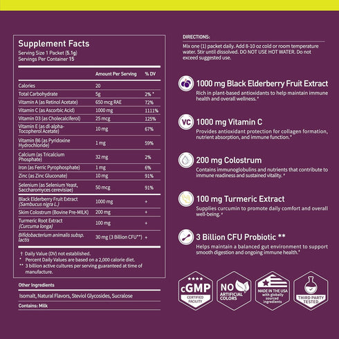 ImmuniGlow, 1000mg 1000mg Immunity (15 Packets) Secret Forest Vitamin C, Black Elderberry, Probiotics, Colostrum