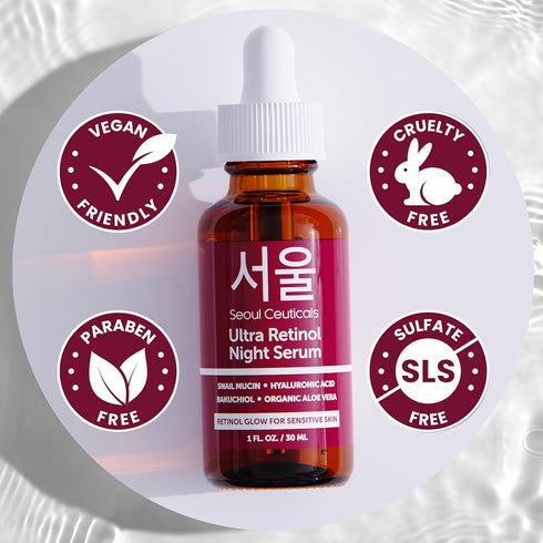 SeoulCeuticals 1% Korean Retinol Night Serum for Face - 97.5% Snail Mucin + Hyaluronic Acid + Bakuchiol, 1oz
