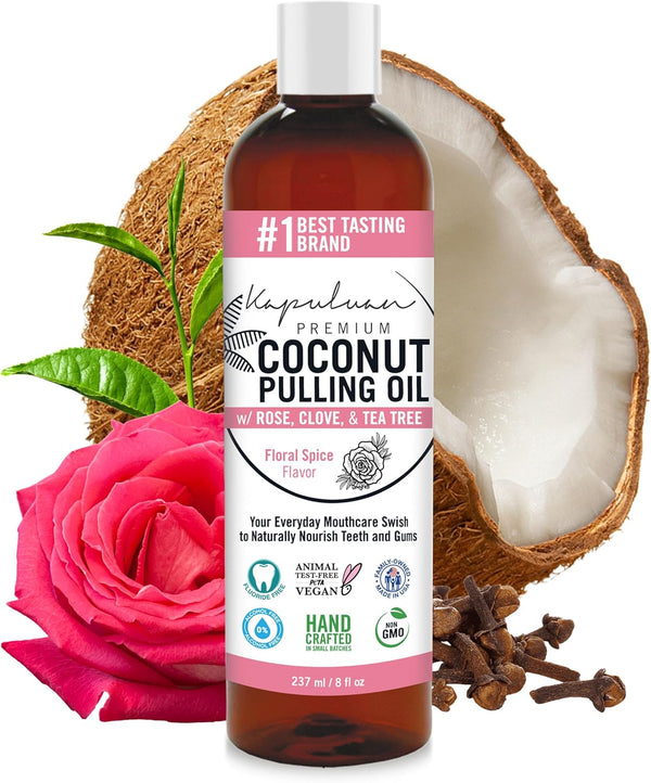 Coconut Pulling Oil for Teeth and Gums Mouthwash, 100% Pure and Natural, Non-GMO, Refreshing Rose Clove