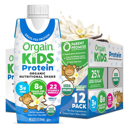 Orgain Organic Kids Nutritional Protein Shake, Vanilla - 8g Dairy Protein, 3g Fiber, 22 Vitamins, 8.25 Fl Oz (Pack of