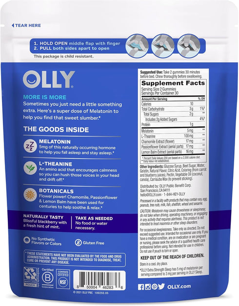 OLLY Extra Strength Sleep Supplement, 60ct Pouch