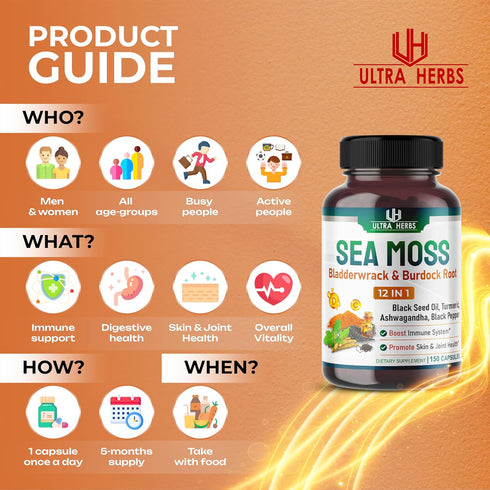 Organic Sea Moss Capsules, 12,900mg with Black Seed Oil, Ashwagandha, Burdock Root, 150 Count